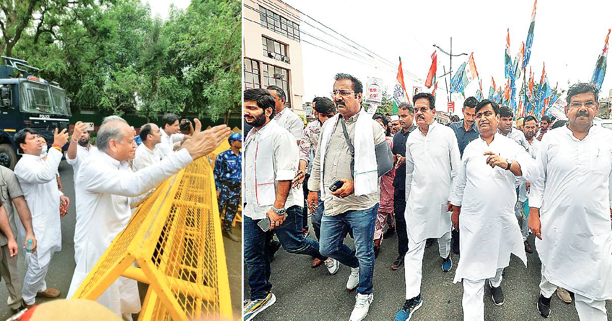 RAJ CONGRESS TAKES OUT PROTEST MARCH OVER ED NOTICES TO GANDHIS